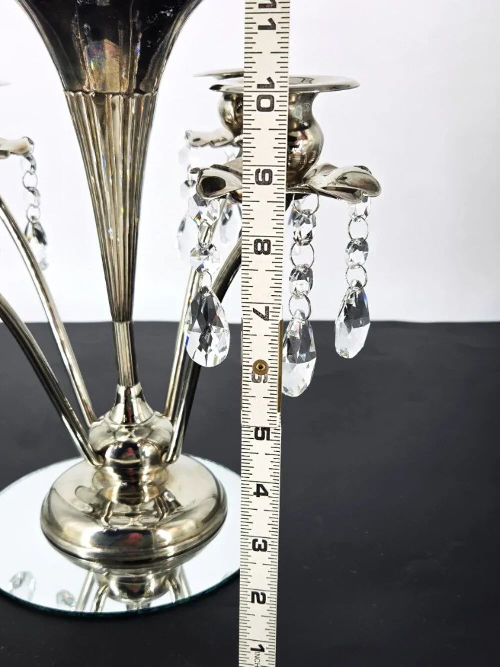 70s Silverplate Epergne 4 Arm Candelabra Trumpet Vase Crystals Japan Silversmith